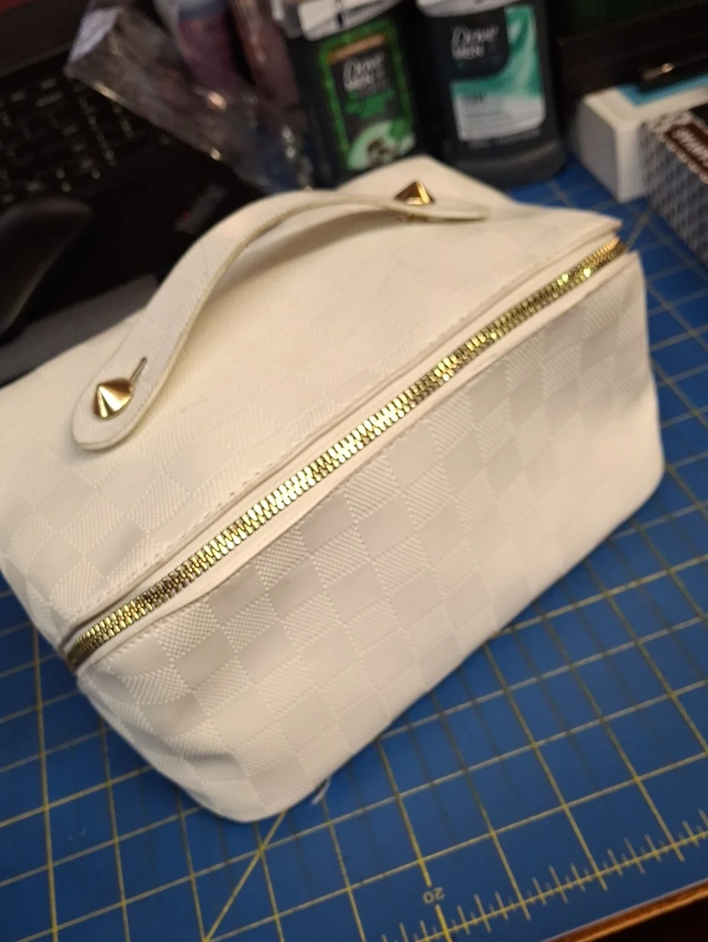 White Quilted Cosmetic Train Case Gold Hardware 9x5x5